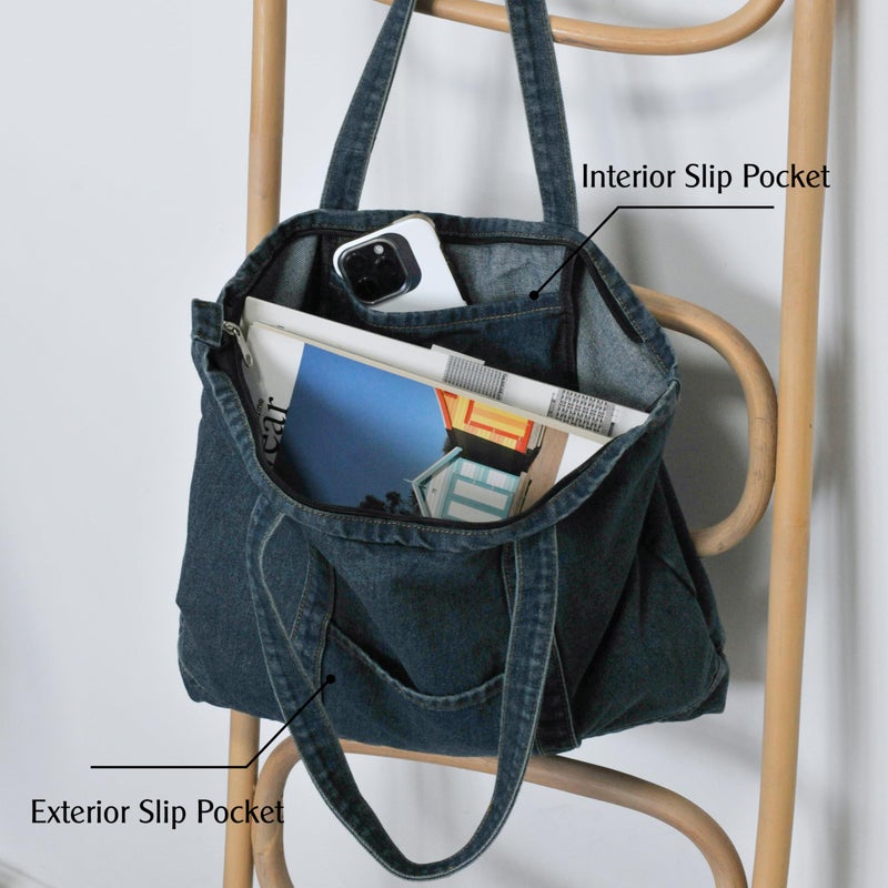HOXIS Light Weight Soft Denim Tote Unisex Shopper Shoulder Handbag (Navy) - Image 3